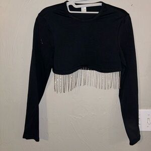 Black long sleeve cropped top with silver fringe
